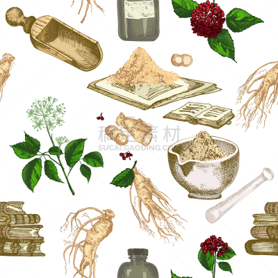 人参,四方连续纹样,色彩鲜艳,传统,滴瓶,营养品,食品,瓶子,绘制,复古