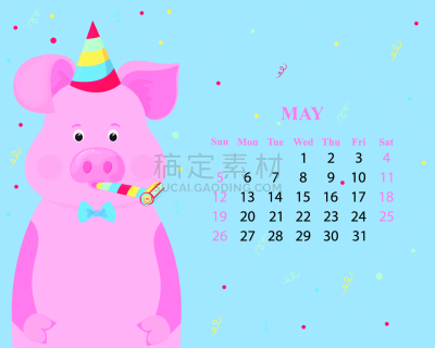 可爱的,春节,猪,五月,条纹,2019,图标,派对帽,日历,星期日