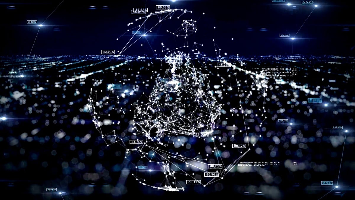全球商业网络与数字以上的夜市灯光。技术概念的3D无缝动画。环路。