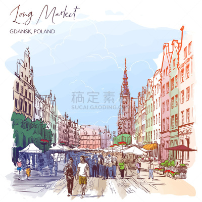 格但斯克,草图,波兰,市场广场,计划书,长的,水彩画,白色背景,复古