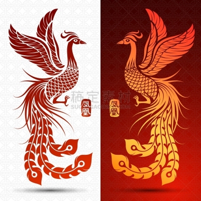 凤凰,亚洲,传统,红色,动物,鸟类,矢量,复古