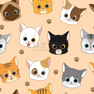 可爱的,四方连续纹样,猫,动物头,灰色,壁纸,哺乳纲,动物,面部表情,微笑