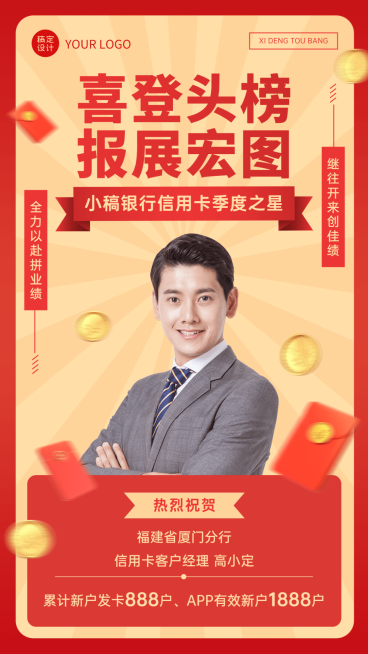 金融保险银行表彰喜报业绩展示喜庆人物海报预览效果