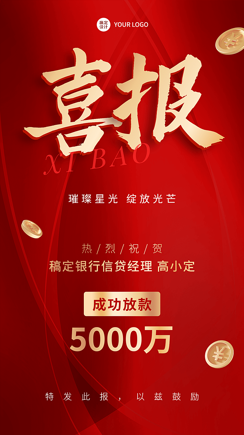 金融银行信贷业绩表彰喜报贺报红金喜庆风手机海报