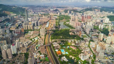 中国深圳城市风光晴天航空全景图  Timelapse