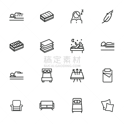 图标集,床垫,平视角,背景分离,舒服,环境,天气,床,细的,保险