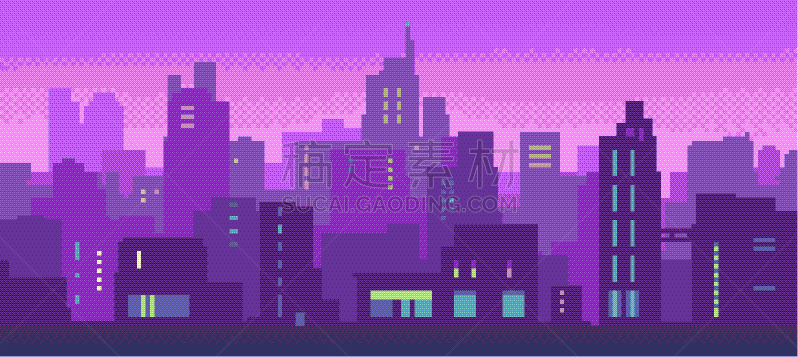 夜晚,全景,建筑外部,像素画,荧光,城市,城市武士,朋克,紫色,发光