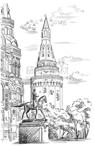 莫斯科,数字7,动物手,绘画插图,国际著名景点,克里姆林宫,砖,著名景点,铅笔画,剪影