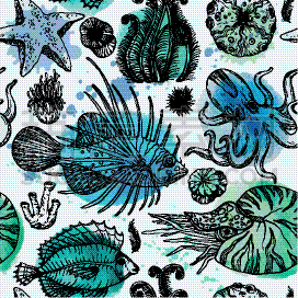 水彩画,四方连续纹样,海洋生命,野生动物,植物群,大螯虾,魟鱼,海星,涂料,生物