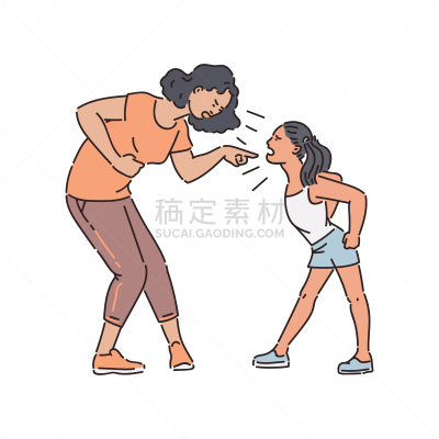 儿童,女人,成年的,少女,父母,女儿,争论,站,责备,指着