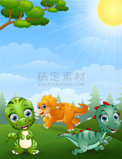 动画片,恐龙,热带雨林,可爱的,热带气候,野生动物,侏罗纪,草,动物,站