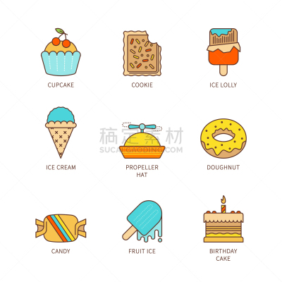 线条画,极简构图,甜食,平坦的,水果,蛋糕,生日,轮廓,食品,图像