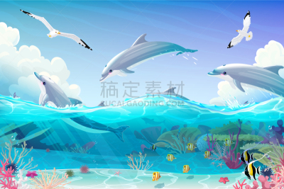 水下,海洋,卡通,海底,珊瑚,可爱的,海洋生命,天气,海豚,船