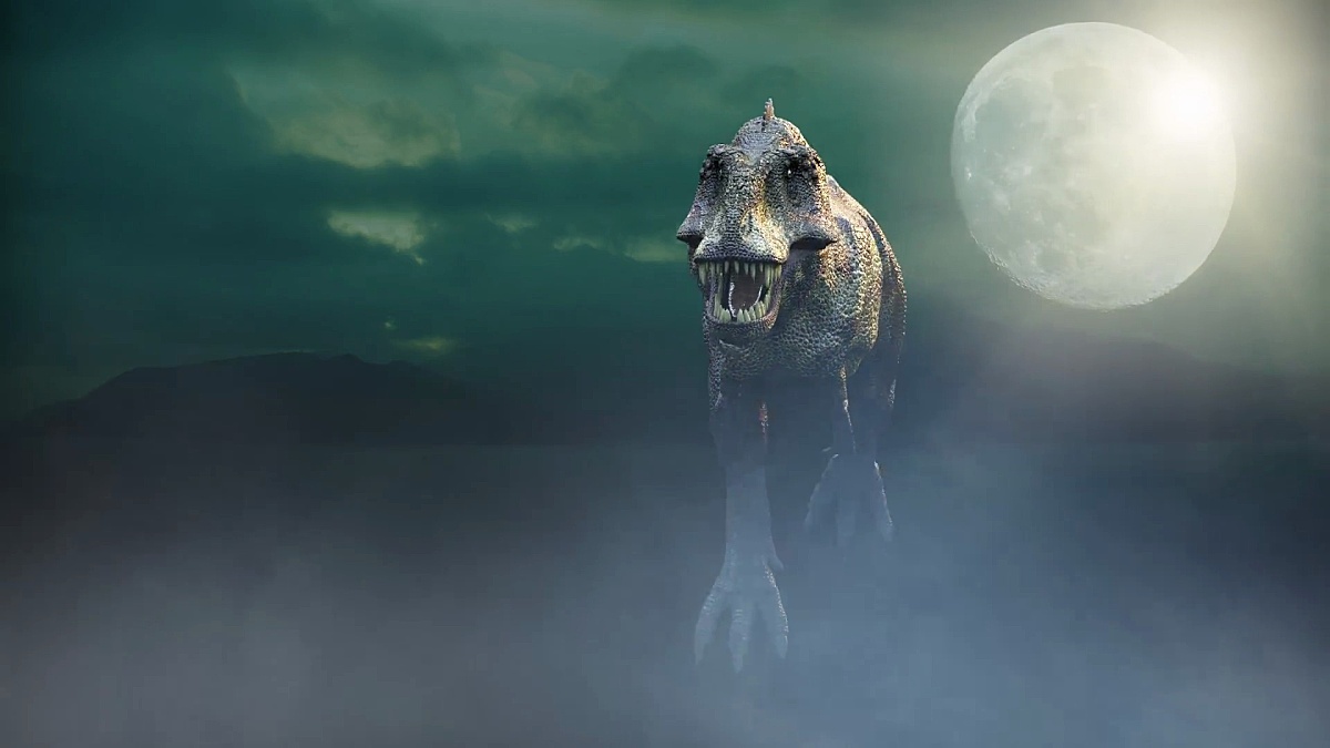 在黑色背景上制作运行恐龙Tyrannosaurus Rex 3D渲染的动画