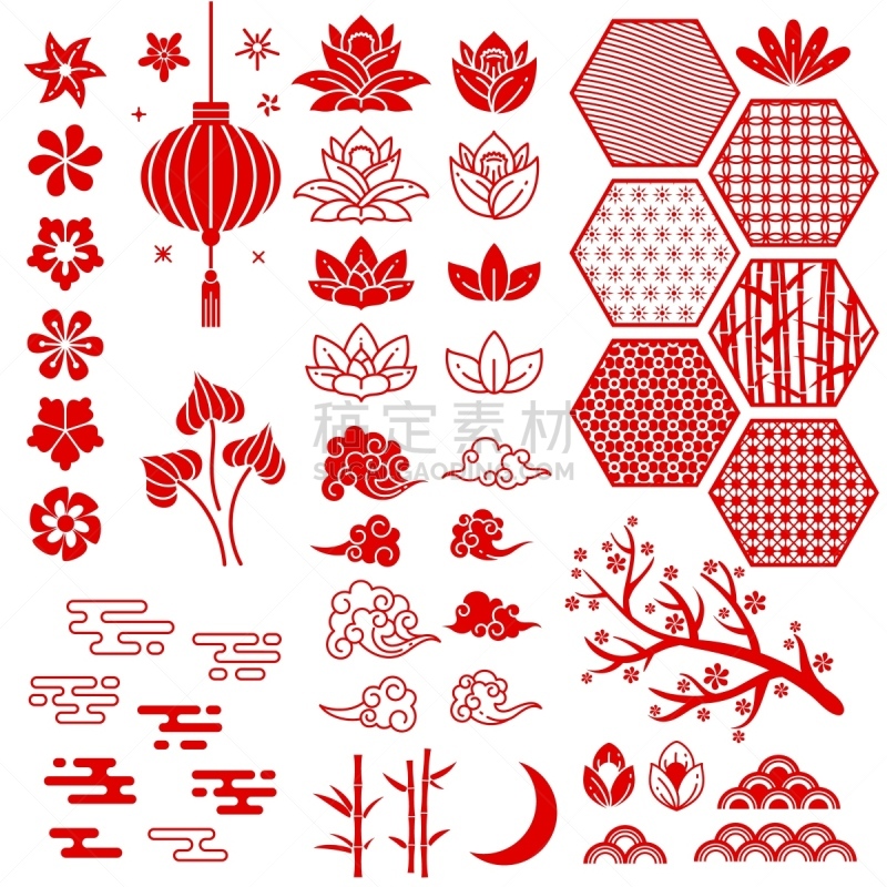 荷花,红色,竹,叶子,矢量,月亮,春节,庆祝,花,收集