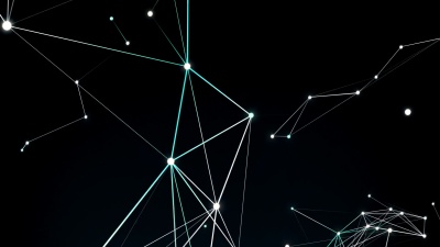 商人触摸屏幕，无数的点聚集在一起创造了日元货币标志，低多边形网。