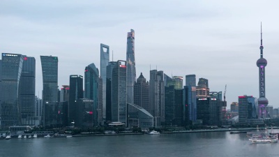 T/L WS HA ZO上海市中心高角度视图，日夜过渡/中国上海
