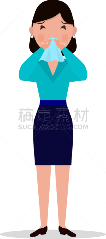 女人,捕获的,卡通,白色,分离着色,生病,打喷嚏,咳嗽