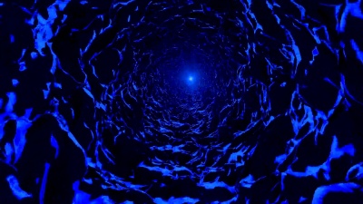 蓝色的抽象洞穴隧道，末端有光
