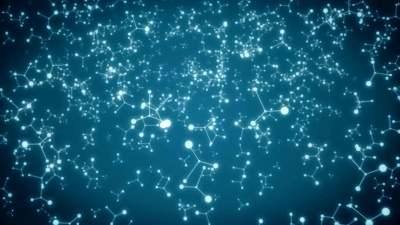 深蓝色背景下三维空间中的抽象分子结构