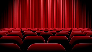  红色窗帘打开和关闭，绿色屏幕，剧院打开。