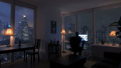 夜晚高楼公寓阁楼令人惊叹的景观。城市生活方式背景。