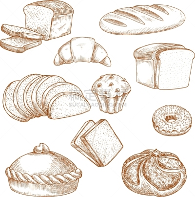 面包店,草图,食品,面包,酥皮糕点,烘焙师,砖,图像,矢量,烘