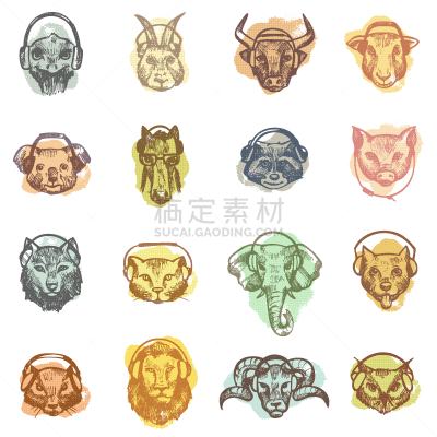 动物头,耳机,模仿动物,野生动物,肖像,狮子,狗,象,猪,山羊