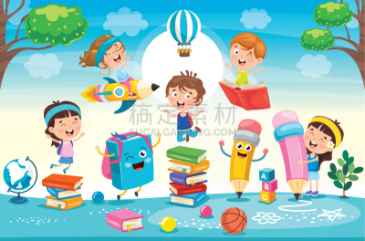 儿童,乐趣,概念,小学,铅笔,铅笔画,童年,学校用品,绘画插图,卡通
