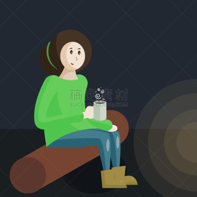 马克杯,女童子军协会,茶,大篝火,绘画插图,森林,理想化的,露营,挨着,坐