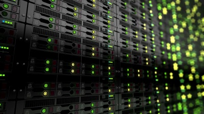 现代数据中心。云计算。3D渲染