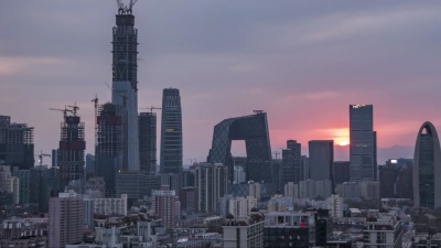 T/L MS HA PAN北京城市天际线，日落/北京，中国