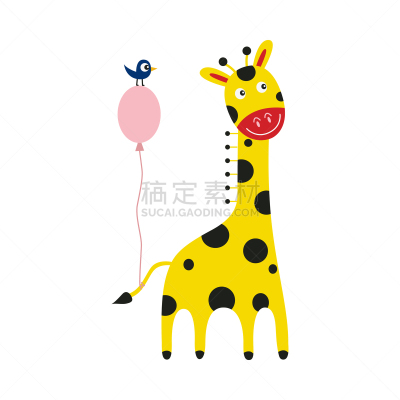 小的,鸟类,粉色,气球,长颈鹿,绑扎了的,动画片,分离着色,尾巴,白色背景