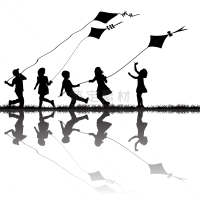 children silhouettes playing with kites flying