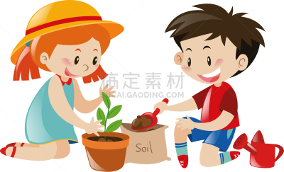 男孩,女孩,分离着色,白色,图像,性格,矢量,儿童,树,种植