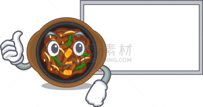厚木板,吉祥物,韩式烧牛肉,上菜,翘起大拇指,东方人,木材,可爱的,性格,热