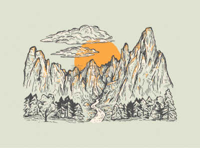 浪漫,草图,矢量,山,地形,小溪,森林,云,复古风格,云杉