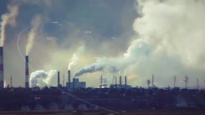 空气污染。环境问题。股票。有害排放。工业烟囱，排放到环境中。不良生态