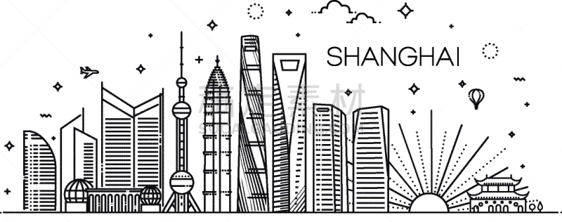 建筑,上海,城市天际线,分界线,线条画,轮廓,亚洲,明信片,商务,名声