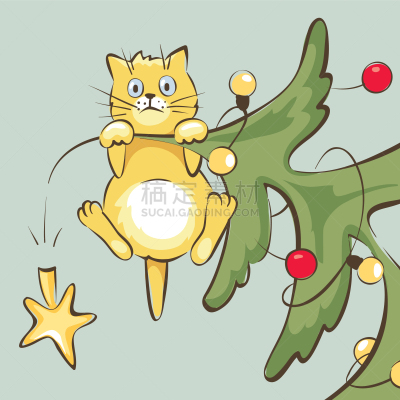 猫,圣诞树,可爱的,动物,拆毁的,节日,欢乐,恶作剧,欺凌,装修
