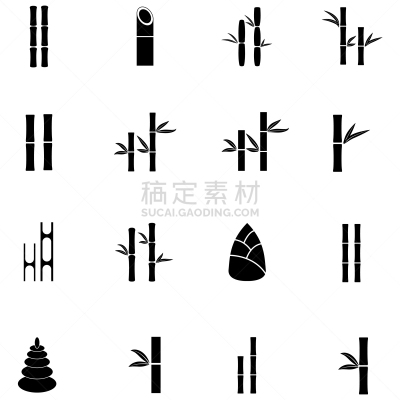 竹子,图标集,亚洲,分离着色,白色,自然,叶子,装饰