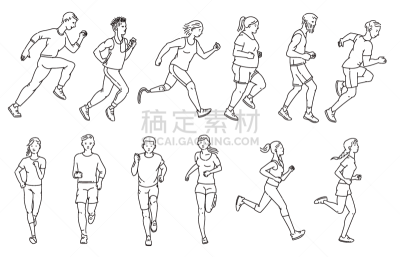 慢跑,卡通,群众,马拉松赛跑,人,分离着色,运动,背景分离,多样,仅男人