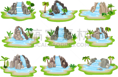 low tropical waterfalls rested on green rounded