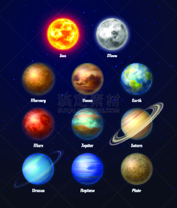 行星,多色的,月球,绘画插图,日光,数字9,有序,天王星,海王星,冥王星
