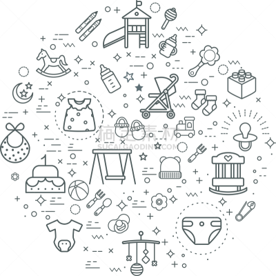 简单,矢量,绘画插图,婴儿,线条,家庭,球,铅笔,玩具,瓶子