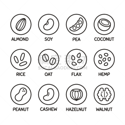 牛奶,植物,图标集,饮料,奶制品,食品,米,椰子,成分,豌豆