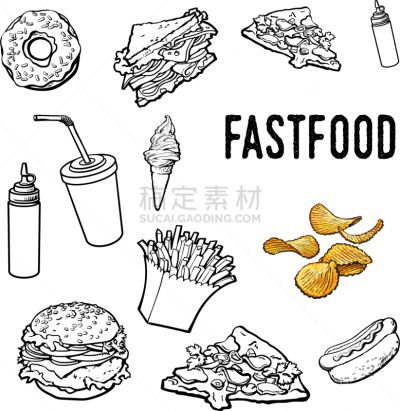 快餐,黑白图片,汉堡包,线条画,奶酪,比萨饼,白色,热,绘制,布置
