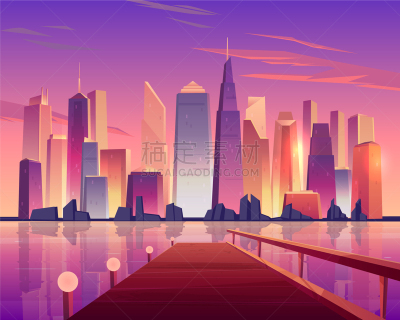 城市天际线,码头,滨水,全景,摄像机拍摄角度,平视角,华贵,黄昏,现代,建筑业