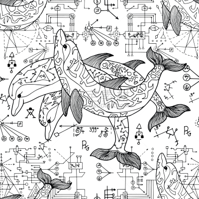 海豚,三个物体,四方连续纹样,华丽的,替代医药,几何形状,平衡,几何学,巫术