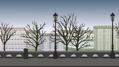 动画背景。欧洲城市街道，有建筑物，树木和灯柱。平面动画，视差。录像。